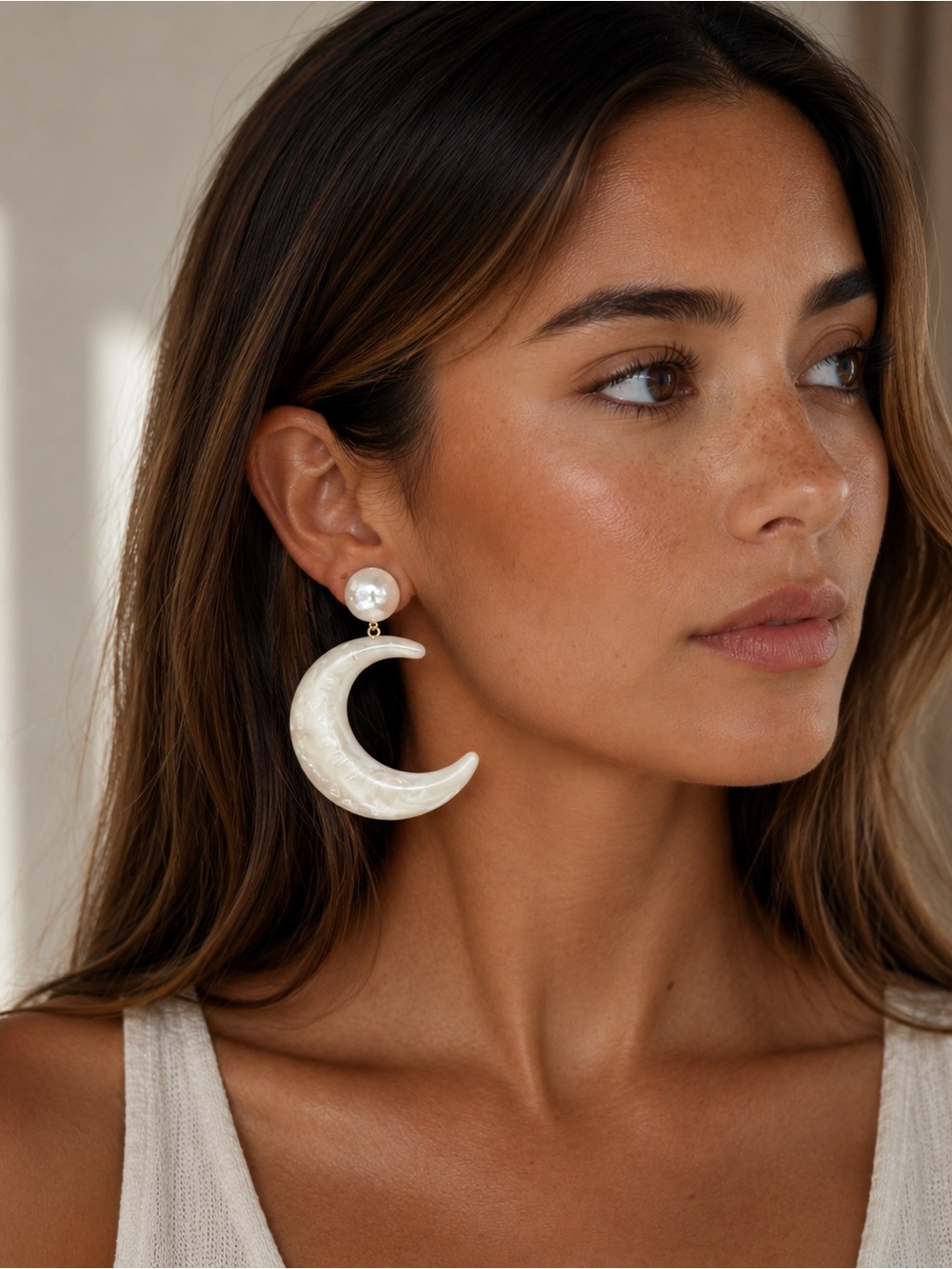 Pearlescent Crescent Hoop Drop Earrings - Sculpted White Design